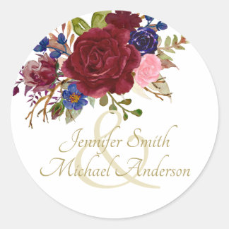 Indulgent Burgundy Royal Blue Pink Roses Wedding Classic Round Sticker