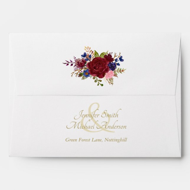 Indulgent Burgundy Royal Blue Pink Roses Wedding Envelope (Back (Top Flap))