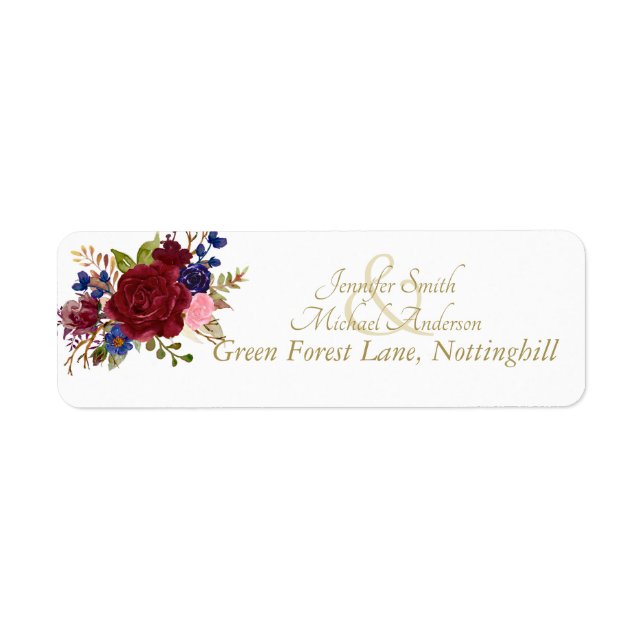 Indulgent Burgundy Royal Blue Pink Roses Wedding Label (Front)
