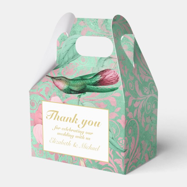 Indulgent Mint Pink Hummingbird Floral THANK YOU Favor Boxes (Front Side)