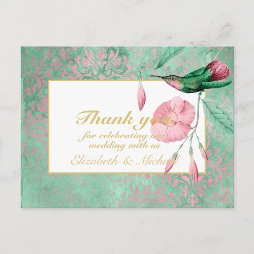 Indulgent Mint Pink Hummingbird Floral THANK YOU Postcard