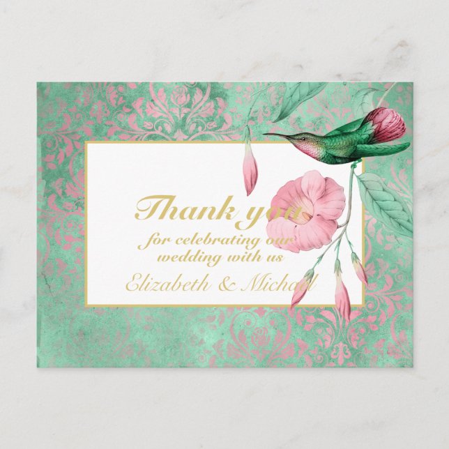 Indulgent Mint Pink Hummingbird Floral THANK YOU Postcard (Front)