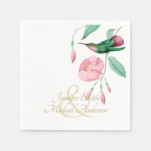 Indulgent Mint Pink Hummingbird Floral Vine Flower Napkins (Front)