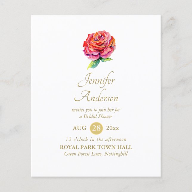 Indulgent Red Rose Watercolor Gold Bridal Shower (Front)