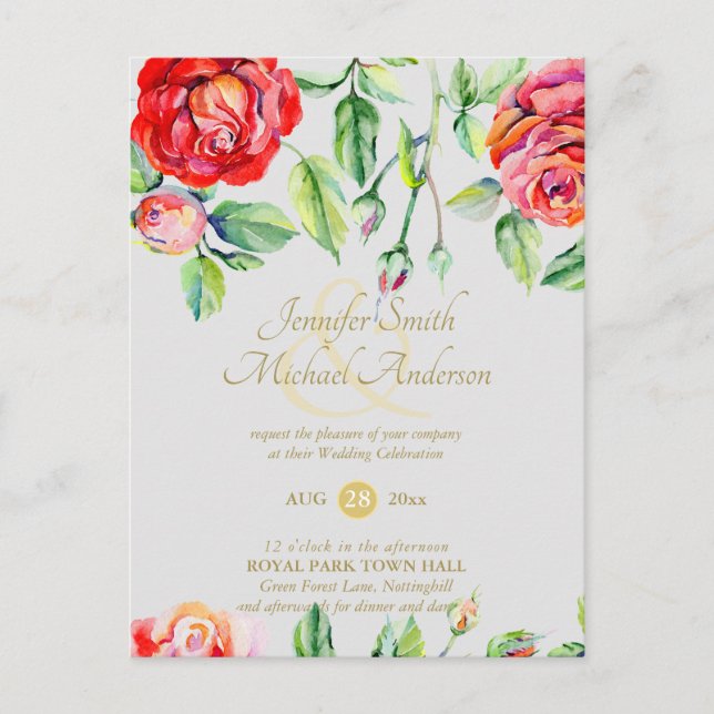 Indulgent Red Roses Watercolor Gold Ampersand Postcard (Front)