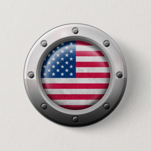 Industrial American Flag with Steel Graphic Pinback Button