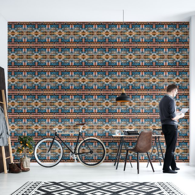 Industrial architecture in blue and rust large wallpaper  (Living Room)