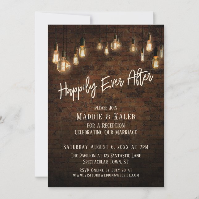 Industrial Brick Edison Lights Happily Ever After Invitation (Front)