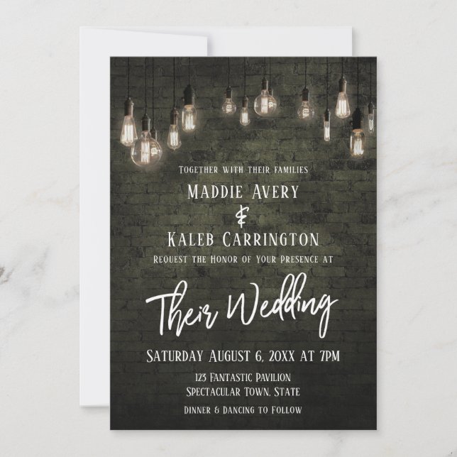Industrial Brick Edison Lights Typography Wedding Invitation (Front)