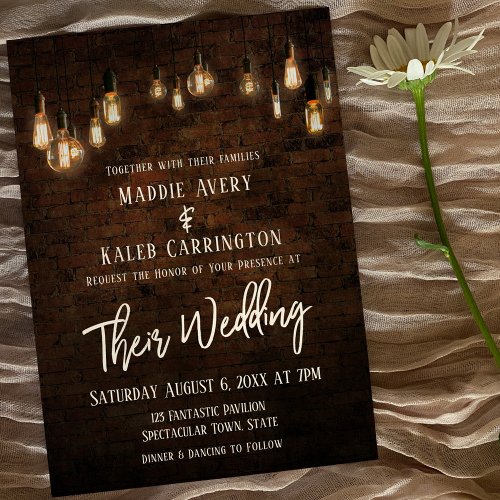 Industrial Brick Edison Lights Typography Wedding Invitation