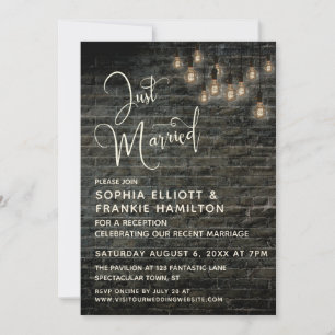 Industrial Brick Round Edison Lights, Just Married Invitation