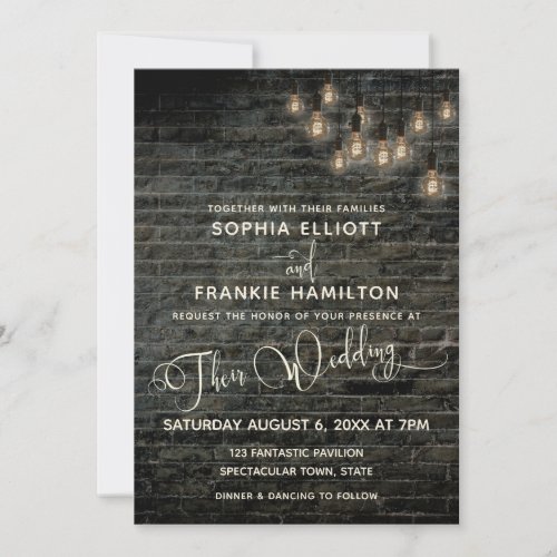 Industrial Brick Vintage Lights Typography Wedding Invitation