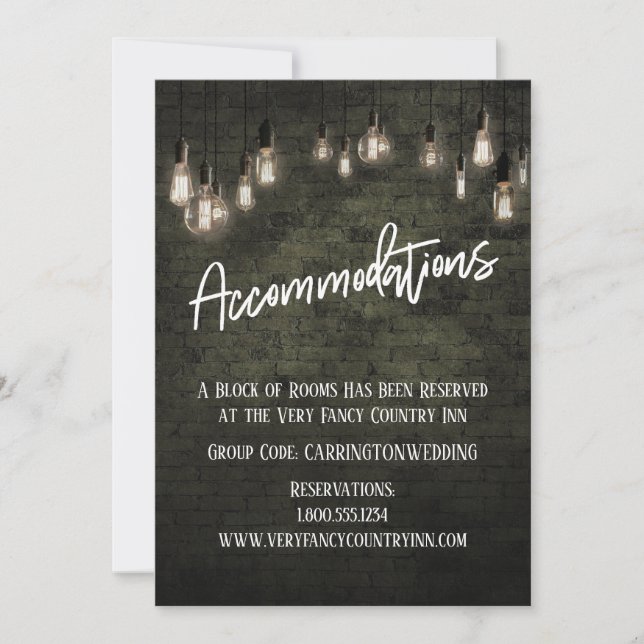 Industrial Brick with Edison Lights Accommodations Invitation (Front)