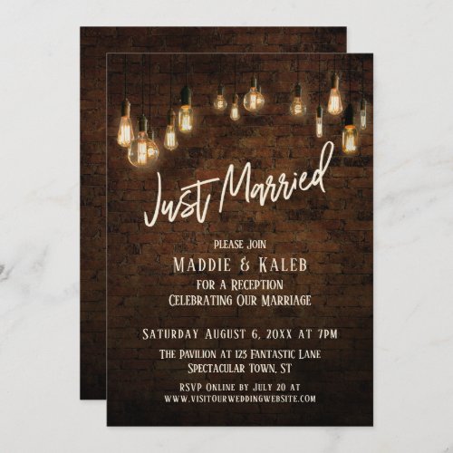 Industrial Brick with Edison Lights Just Married Invitation