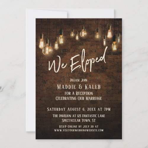 Industrial Brick with Edison Lights We Eloped Invitation