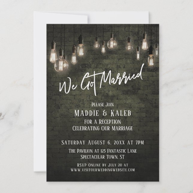 Industrial Brick with Edison Lights We Got Married Invitation (Front)
