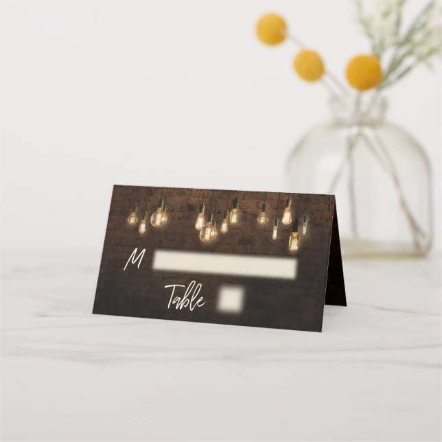 Industrial Bricks, Edison Lights Casual Typography Place Card (Front)