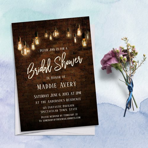 Industrial Bricks w Edison Lights Bridal Shower Invitation