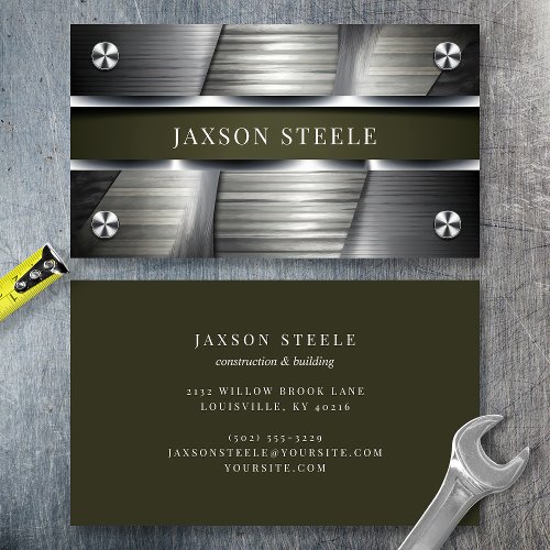 Industrial Brushed Metal And Olive Green Business Card