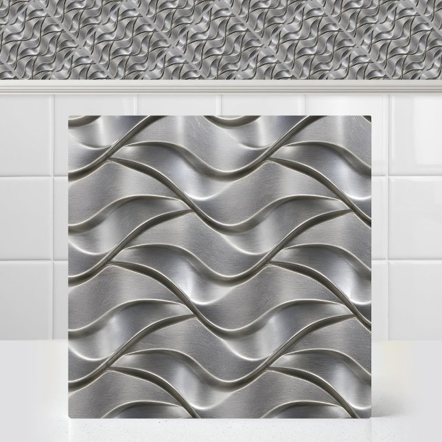 Industrial Brushed Titanium Waves Metal Pattern Ceramic Tile (Industrial Brushed Titanium Waves Metal Pattern Ceramic Tile)