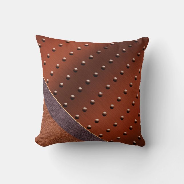 Industrial Chic Copper Rivet Burlap Weave Print Throw Pillow (Front)