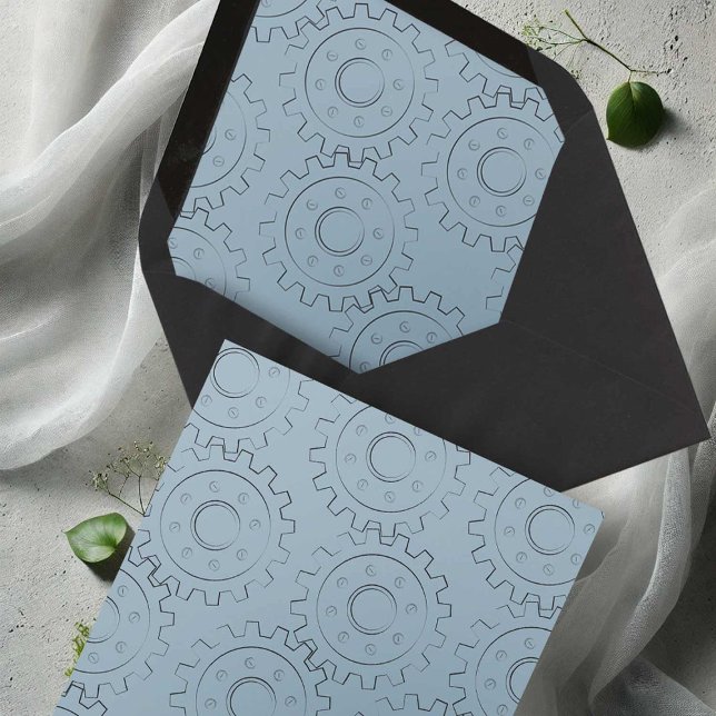 Industrial Chic Grey Envelope Liner (Industrial chic wedding envelope liner gears grey by Victoria Grigaliunas of Do Tell A Belle.)