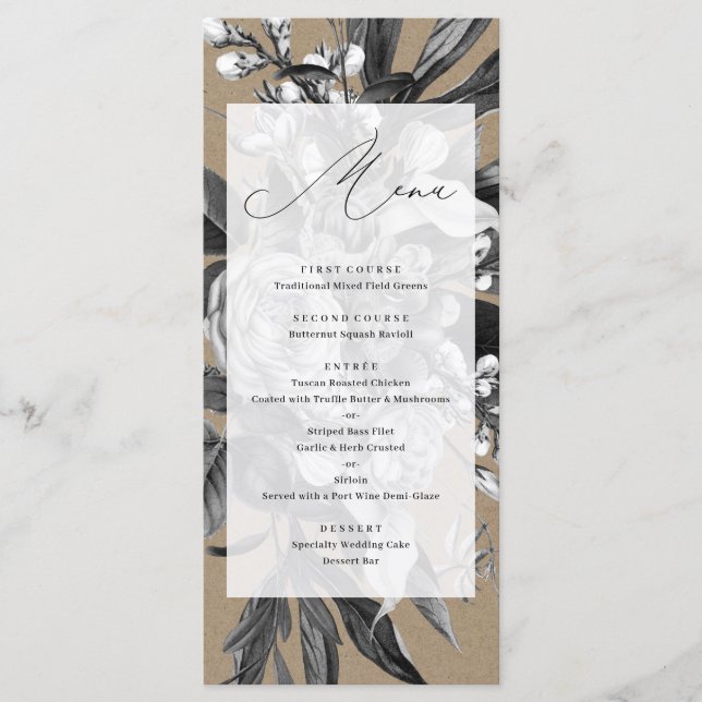 Industrial Chic Rustic Kraft Floral Wedding Menu (Front)