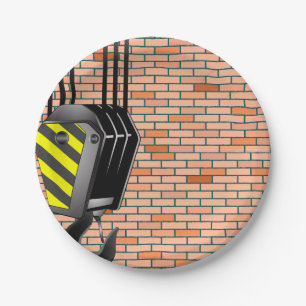 Industrial Crane Hook with Brick Wall Paper Plates