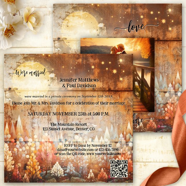 Industrial Fall Forest Wedding Reception Photo Invitation (Boho fall photo wedding reception invitation featuring a forest with full moon and stars)