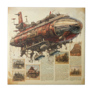 Industrial Fantasy Copper Zeppelin City Blueprint Ceramic Tile