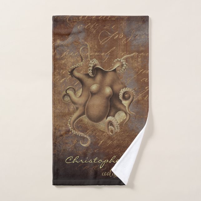 Industrial grunge steampunk octopus brown custom hand towel  (Hand Towel)