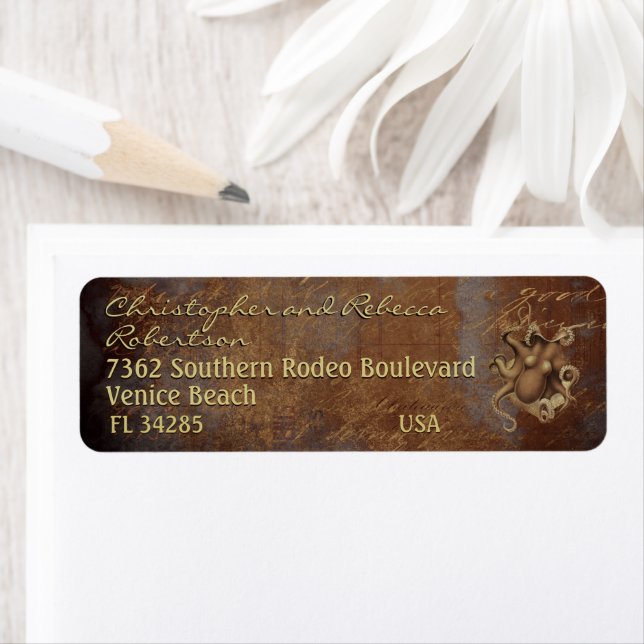 Industrial grunge steampunk octopus brown custom  label (Insitu)