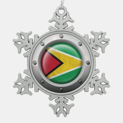 Industrial Guyana Flag with Steel Graphic Snowflake Pewter Christmas Ornament