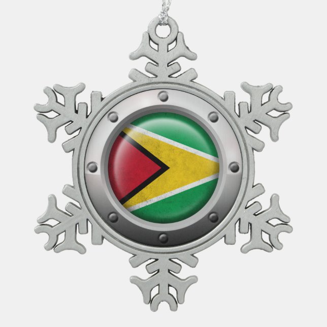 Industrial Guyana Flag with Steel Graphic Snowflake Pewter Christmas Ornament (Front)