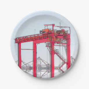 Industrial Harbor Harbour Port Crane Sketch Paper Plates