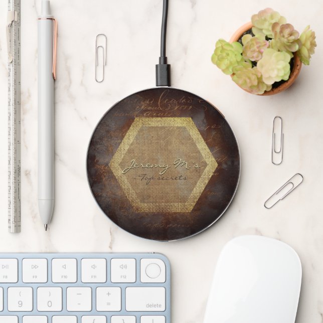 Industrial loft style brown aesthetic custom name  wireless charger  (Desk)