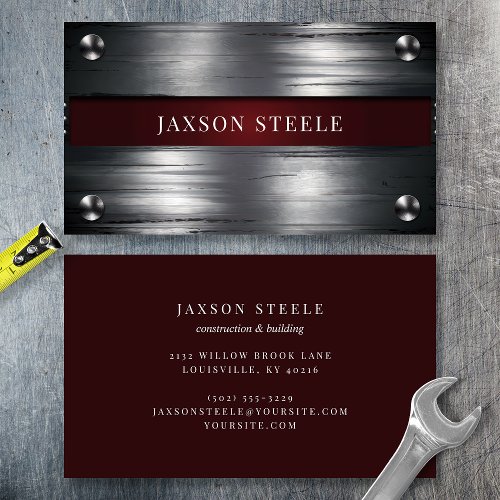 Industrial Metal And Burgundy Accent Business Card