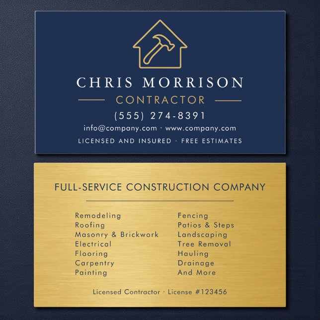 Industrial Navy Blue & Gold Building Construction  Business Card (Creator Uploaded)