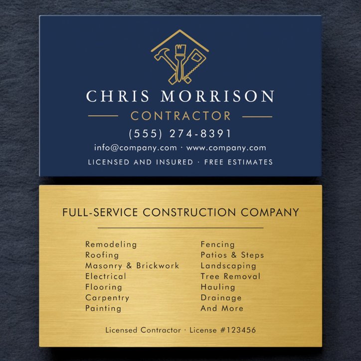Industrial Navy Blue Gold Metal Home Improvement Business Card