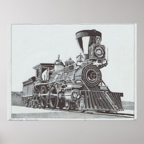 Industrial Revolution Ink drawing of Locomotive Poster