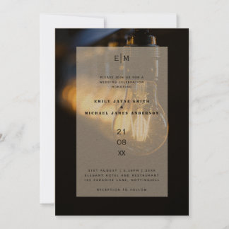 Industrial Rustic Warehouse Edison Lights Wedding Invitation