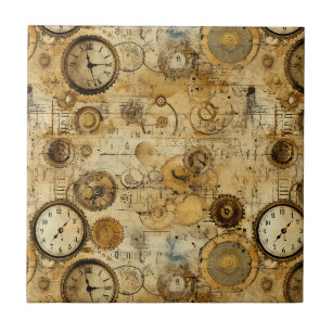 Industrial Steampunk Timepiece Sepia Brass Ceramic Tile