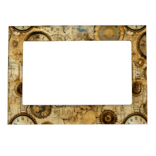 Industrial Steampunk Timepiece Sepia Brass Magnetic Frame