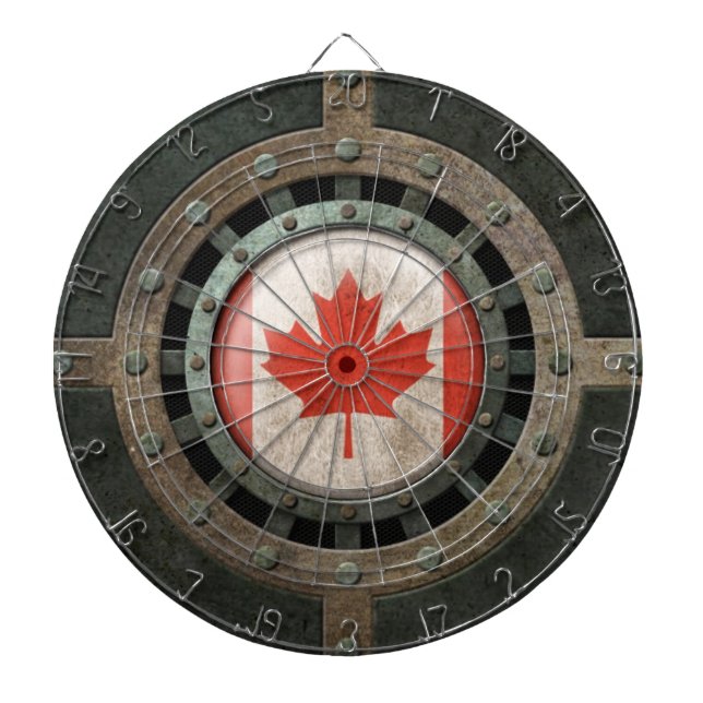 Industrial Steel Canadian Flag Disc Graphic Dartboard With Darts (Front)
