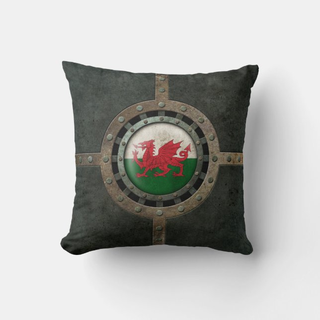 Industrial Steel Welsh Flag Disc Graphic Throw Pillow (Front)