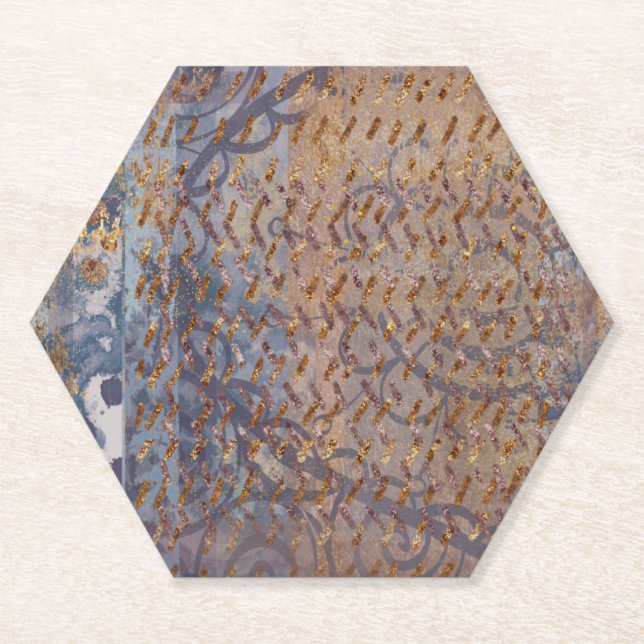 Industrial style brown blue grey and faux copper paper coaster (Front)