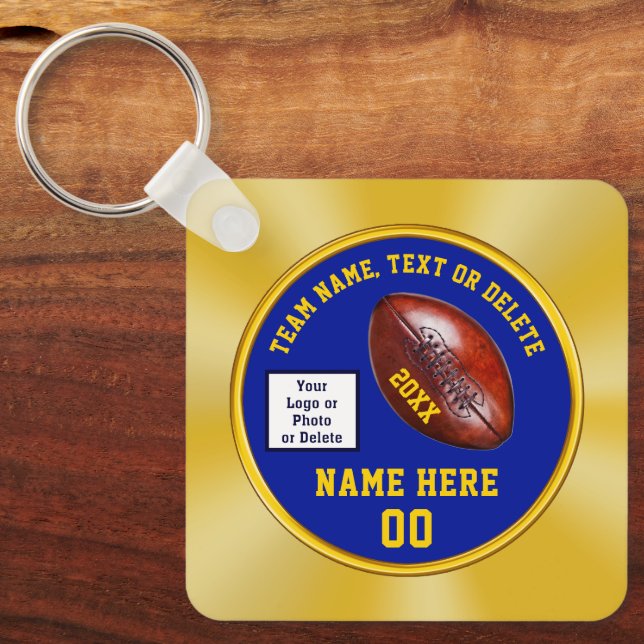 Inexpensive, Football Team Gifts. Blue and Gold Keychain (Front)