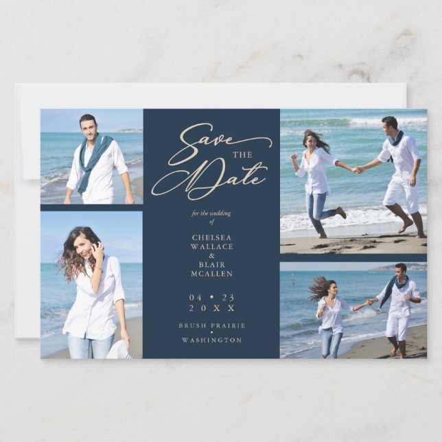 Inexpensive Navy Trendy Collage Wedding 4 Photos (Front)