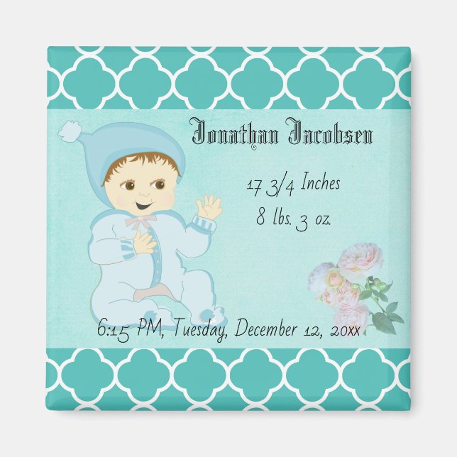 Infant Baby Boy in Blue with Flowers Magnet (Front)
