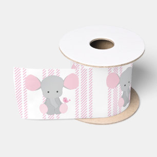 Infant Baby Girl Pink Elephant w/Stripes Satin Ribbon